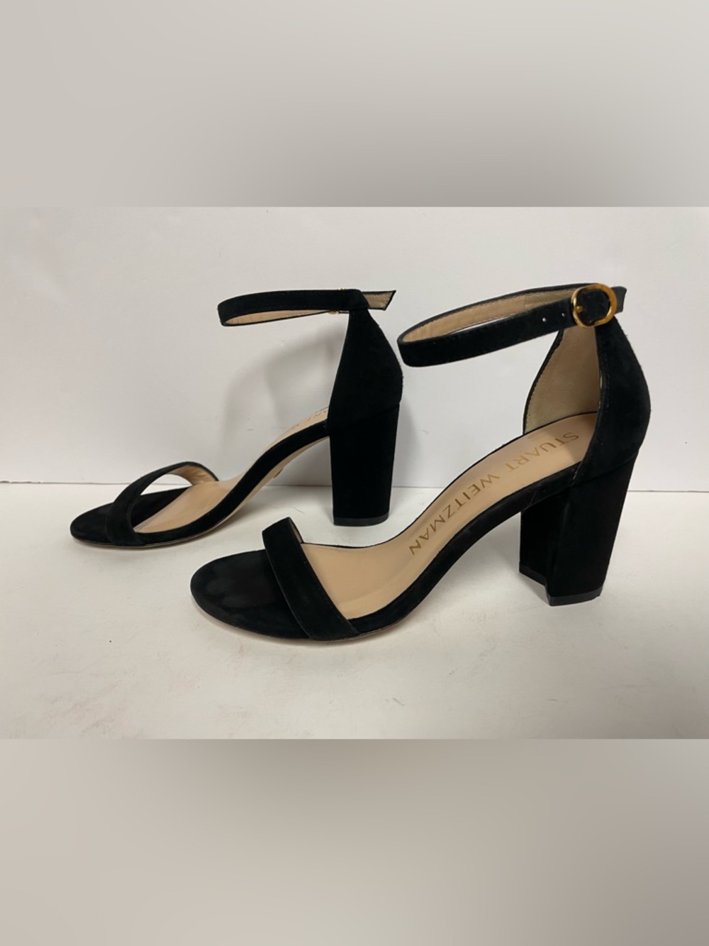 Stuart Weitzman Black Suede Ankle-Strap Block Heel Sandals 5.5